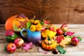 Colorful rustic Thanksgiving decoration with apples and pumpkins