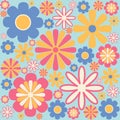 Colorful 60s -70s style retro hand drawn floral pattern. Pink and yellow flowers. Vintage seamless vector background. Hippie style Royalty Free Stock Photo