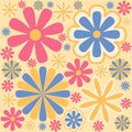 Colorful 60s -70s style retro hand drawn floral pattern. Pink and yellow flowers. Vintage seamless vector background. Hippie style Royalty Free Stock Photo