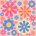 Colorful 60s -70s style retro hand drawn floral pattern. Pink and yellow flowers. Vintage seamless vector background. Hippie style Royalty Free Stock Photo