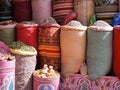 Colorful sacks with dried spices at medina Marrakech Royalty Free Stock Photo