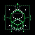 Colorful sacred geometry outline shapes on black background. Sacred mystic signs drawn in lines. Illustration in green and white