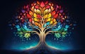 Colorful sacred spiritual Tree of Life fantasy background. Cycle of life mythological magic symbol