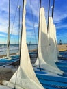 Colorful sail catamarans on the beach at Caribbean Sea of Mexico