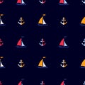 Colorful sailboats and anchor on a dark, blue background.