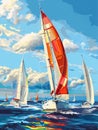 Colorful sailboats race in a lively regatta, depicted in a vivid, dynamic illustration with bright blue skies and choppy