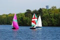 Colorful sailboats on the Sechs-Seen-Platte lake in Duisburg, Germany.