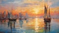 Colorful Sailboats At Sunset: Impressionist Cityscape Painting