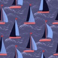 Sailboats on waves nautical vector repeat pattern