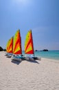 Colorful Sailing boat on the Tropical Beach at Maldives. Royalty Free Stock Photo