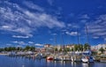 Colorful sailing boats resting in the peaceful Alter Strom Canal in WarnemÃÂ¼nde, Rostock, Mecklenburg-Western Pomerania, Germany