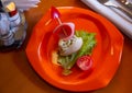 Colorful salad is decorated in form of ship. idea for children menu