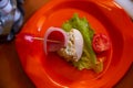 Colorful salad is decorated in form of ship. idea for children menu