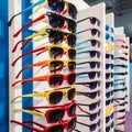 Colorful sales rack displays sunglasses for vibrant summer style Royalty Free Stock Photo