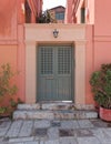 Colorful house grey door at Plaka picturesque neighborhood, Athens Greece Royalty Free Stock Photo