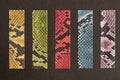 Colorful samples of fashion genuine leather different colors embossed under the exotic skin reptiles, fashion industry and