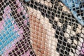 Colorful samples of fashion genuine leather, embossed under the exotic skin reptilee, modern industry concept. Texture