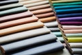 Colorful samples of upholstery fabrics close-up. Leather and suede for furniture Royalty Free Stock Photo