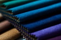 Colorful samples of upholstery fabrics close-up. Leather and suede for furniture Royalty Free Stock Photo