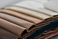 Colorful samples of upholstery fabrics close-up. Leather and suede for furniture Royalty Free Stock Photo