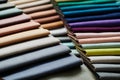 Colorful samples of upholstery fabrics close-up. Leather and suede for furniture Royalty Free Stock Photo