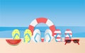 Colorful sandals, Swim Tube, watermelon and Sunglasses on beach. Summer background, Paper art style Royalty Free Stock Photo
