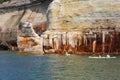 Colorful sandstone cliffs and formations welcoming kayakers at Pictured Rocks National Lakeshore of Lake Superior, Munising, Michi Royalty Free Stock Photo