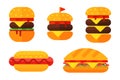 Colorful sandwich cartoon fast food icons isolated restaurant tasty american cheeseburger meat and unhealthy burger meal