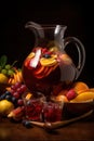 A colorful sangria , showcasing a large pitcher filled with red or white wine, fresh fruit, and a splash of brandy, accompanied by Royalty Free Stock Photo