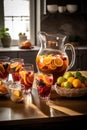 A colorful sangria , showcasing a large pitcher filled with red or white wine, fresh fruit, and a splash of brandy, accompanied by Royalty Free Stock Photo