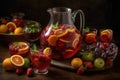 A colorful sangria , showcasing a large pitcher filled with red or white wine, fresh fruit, and a splash of brandy, accompanied by Royalty Free Stock Photo