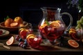 A colorful sangria , showcasing a large pitcher filled with red or white wine, fresh fruit, and a splash of brandy, accompanied by Royalty Free Stock Photo