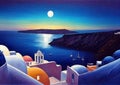 Colorful Santorini village at night oil knife painting