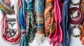 Colorful scarves and an array of ethnic jewelry displayed on a white wooden surface