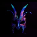 A colorful, scary halloween mask in blues and purples against a black background.