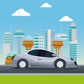 Colorful scene futuristic city metropolis with modern gray car vehicle