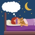 Colorful scene girl with sleep mask dreaming in bed at night embraced a teddy bear