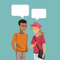 Colorful scene half body couple students talking with dialog boxes boy brunette and blonded girl Royalty Free Stock Photo