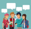 Colorful scene half body group students talking with dialog boxes Royalty Free Stock Photo