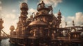 A colorful scene of a steampunk city built on a coral reef, with domes, towers,