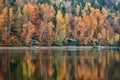 Colorful scenic autumn forest reflects in the water