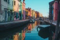 Colorful scenic view of boats in a canal in Venice, Italy under the clear blue sky Royalty Free Stock Photo