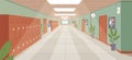 Colorful school corridor with window, doors and cupboards vector illustration. Empty college hallway interior with