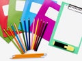 Colorful school exercise books and drawing pencils on white background Royalty Free Stock Photo