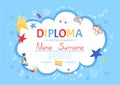 Colorful school and preschool diploma certificate for kids and children in kindergarten