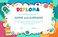 Colorful school and preschool diploma certificate for kids and children in kindergarten or primary grades with school