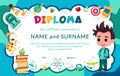 Colorful school and preschool diploma certificate for kids and children in kindergarten or primary grades with school