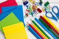 Colorful school requisites on a desk Royalty Free Stock Photo