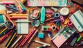 Colorful school supplies arranged on desk for creative learning fun generated by AI Royalty Free Stock Photo