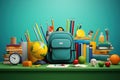 Colorful School Supplies and Backpack on Desk. Generative AI Royalty Free Stock Photo